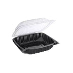 Black food container with clear lid on a white background