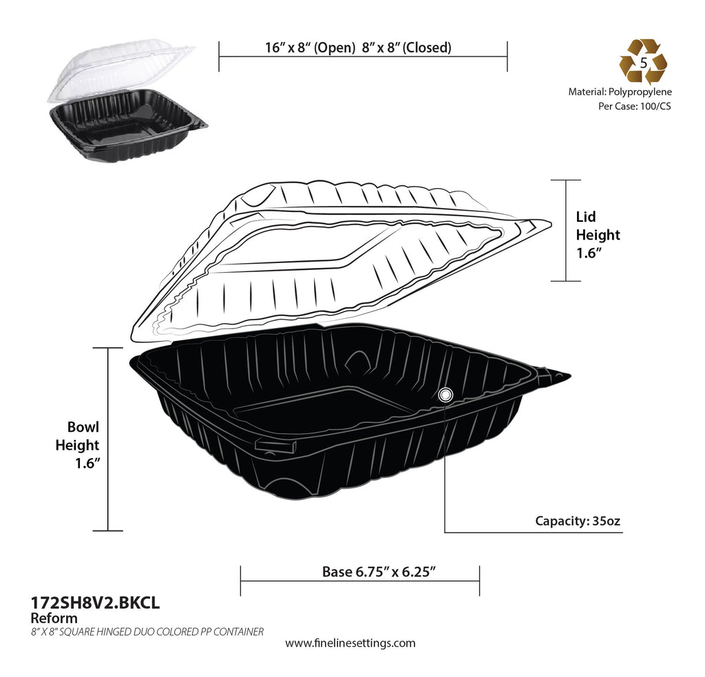 Black food container with lid and measurements on a white background