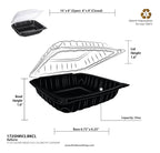 Black food container with lid and measurements on a white background