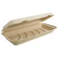 A compostable pizza clamshell with its lid propped open, shown against a plain white background.
