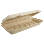 A compostable pizza clamshell with its lid propped open, shown against a plain white background.