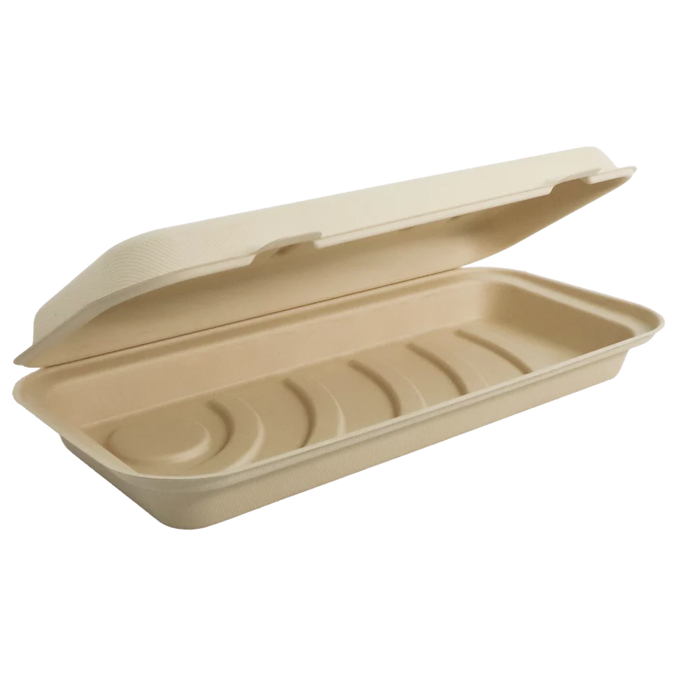 A compostable pizza clamshell with its lid propped open, shown against a plain white background.