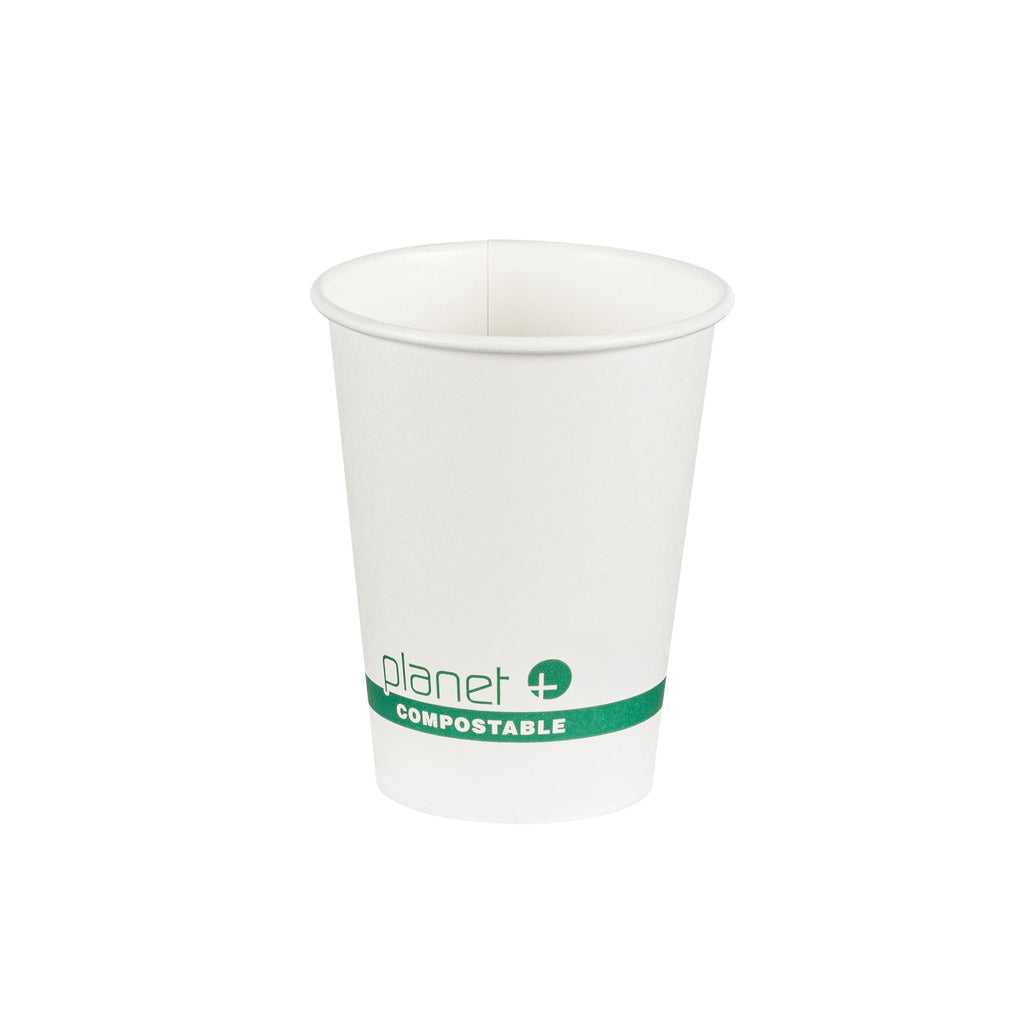 White compostable cup with 'planet' branding on a white background