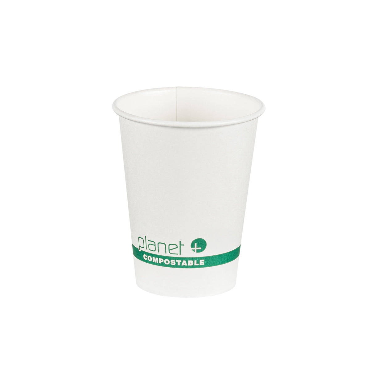 White compostable cup with 'planet' branding on a white background