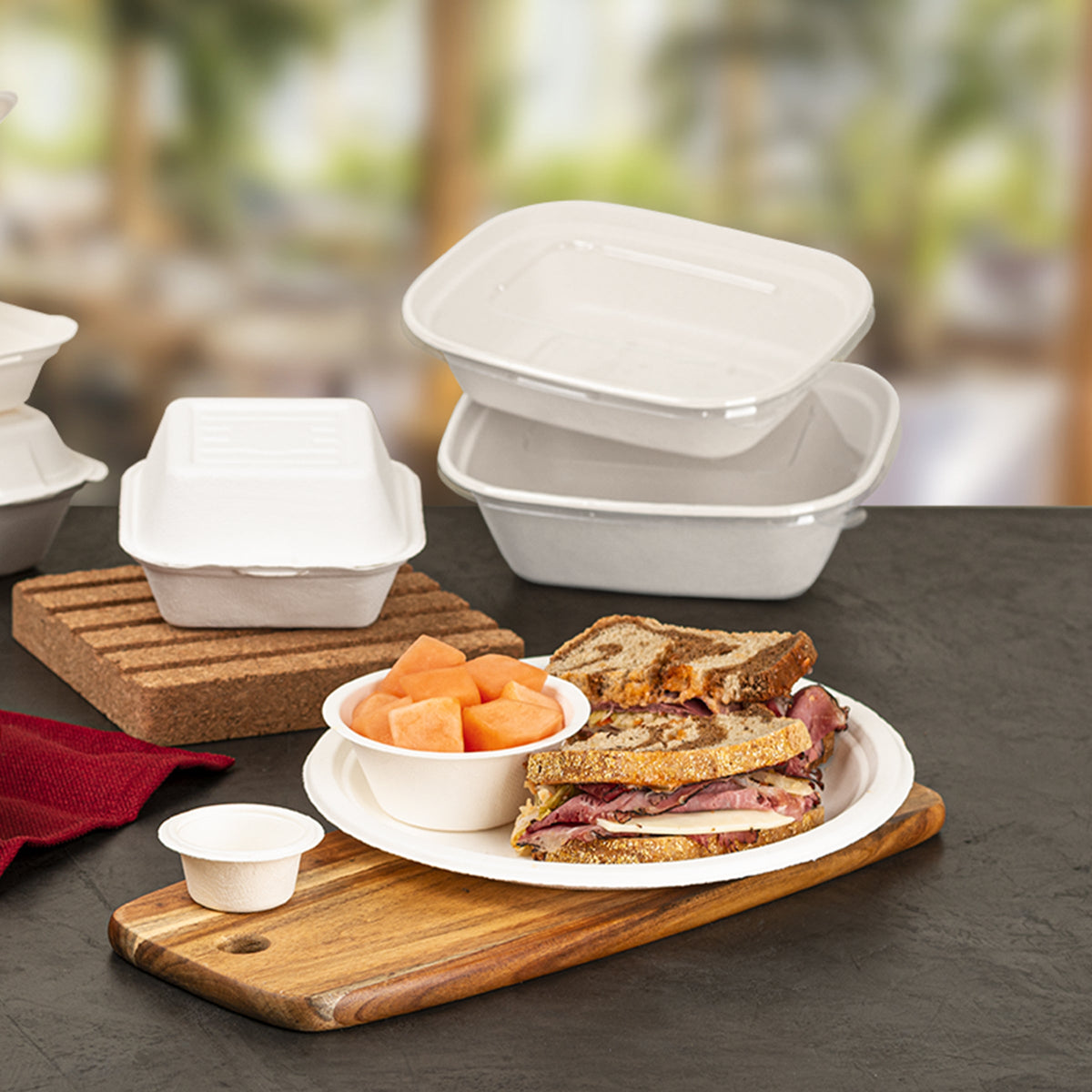 Compostable Tableware including trays, clamshells, a plate with a small bowl, and a portion cup nearby on a grey table.