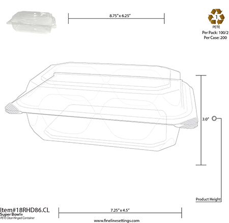 Technical drawing of a clear plastic container with dimensions and recycling information.