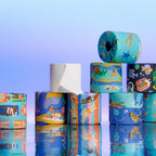 Stack of colorful patterned toilet paper rolls on a reflective surface with a blue gradient background.