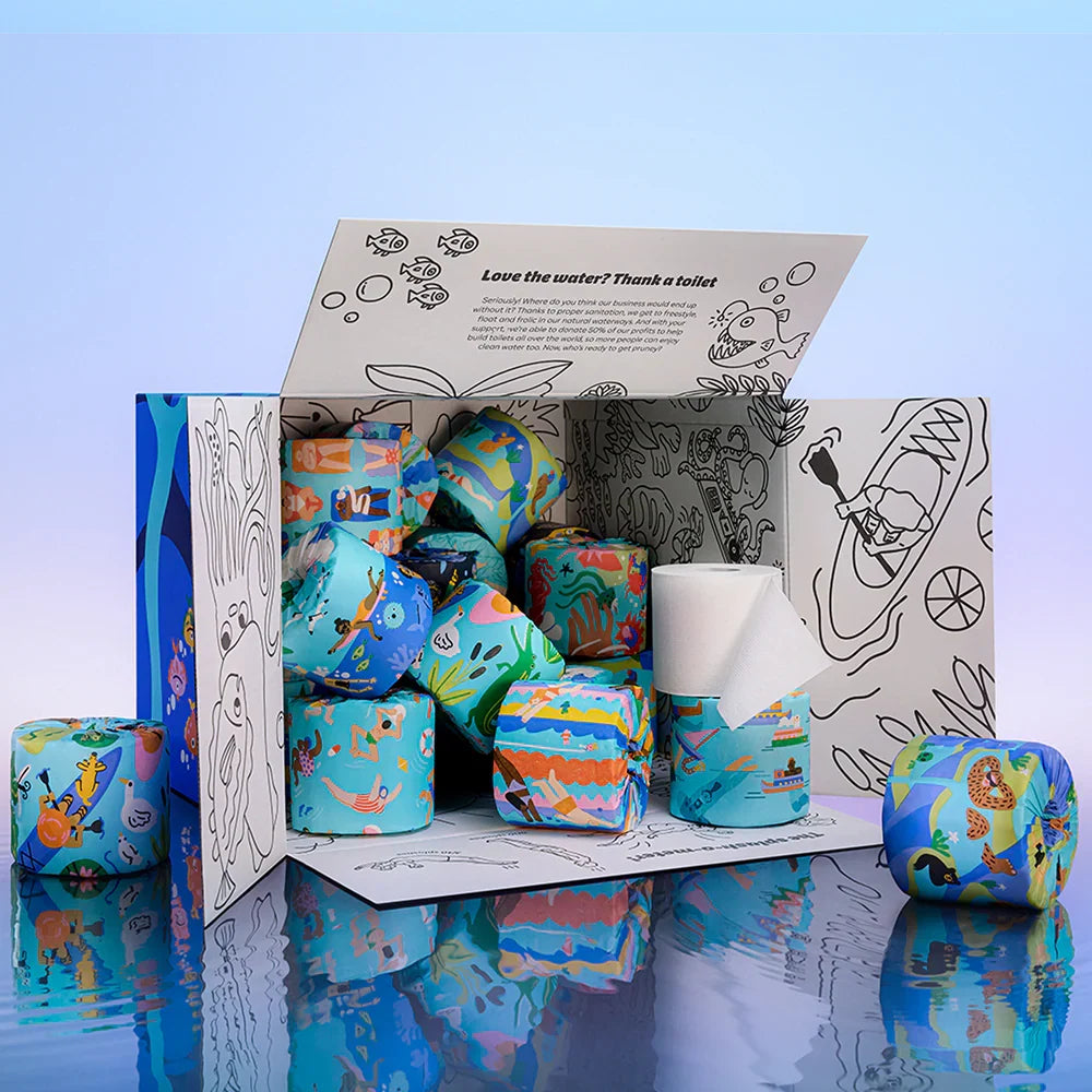 Colorful toilet paper rolls in a box with a blue gradient background