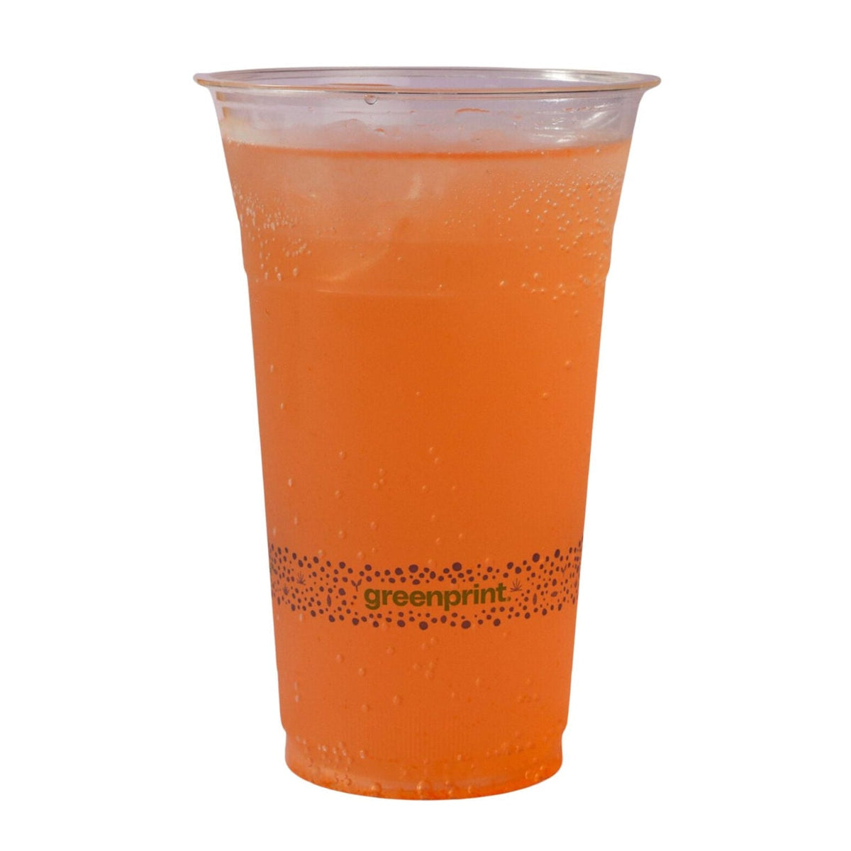 Clear plastic cup with orange beverage and 'greenprint' branding on a white background
