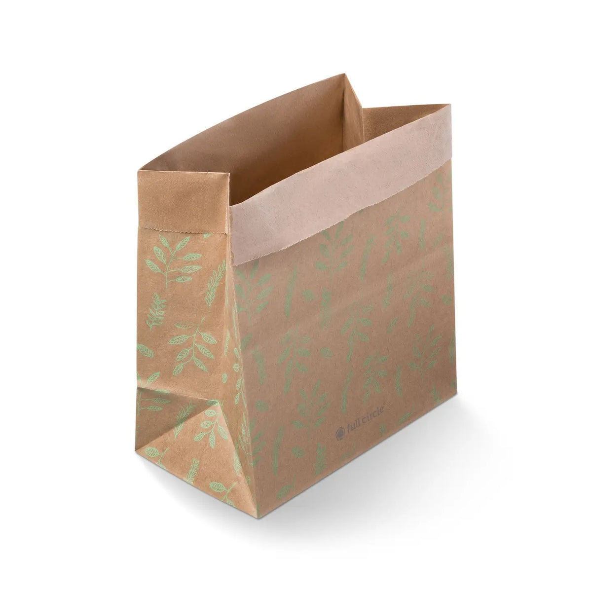Brown paper waste bag with green leaf pattern on a white background