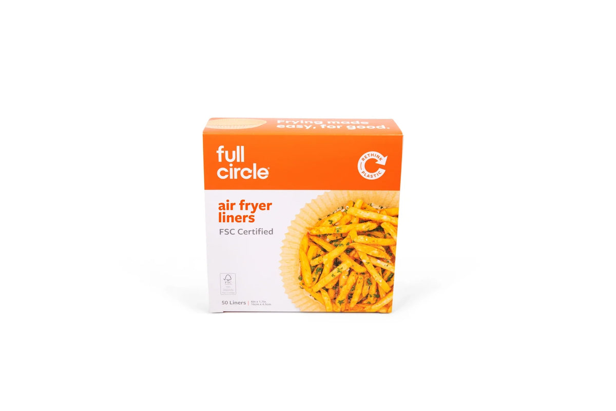Box of full circle air fryer liners on a white background