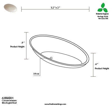 Diagram of dimensions for mini angled appetizer bowl.