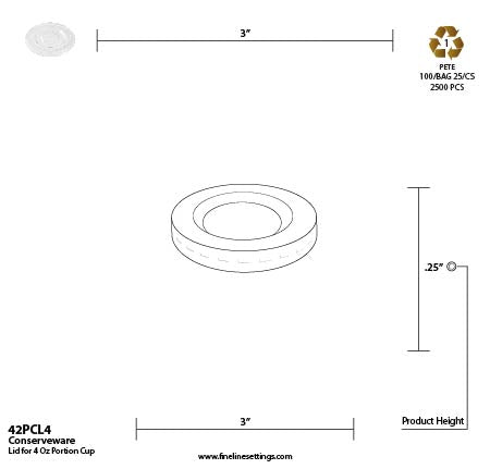 Technical drawing of a portion cup lid with dimensions on a white background