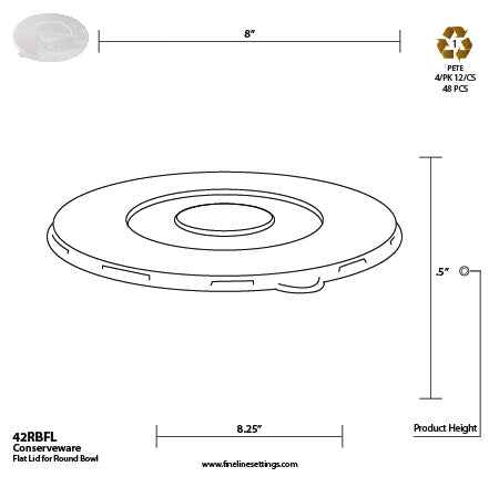 Technical drawing of a Conserveware flat lid for round bowl with dimensions and branding details.