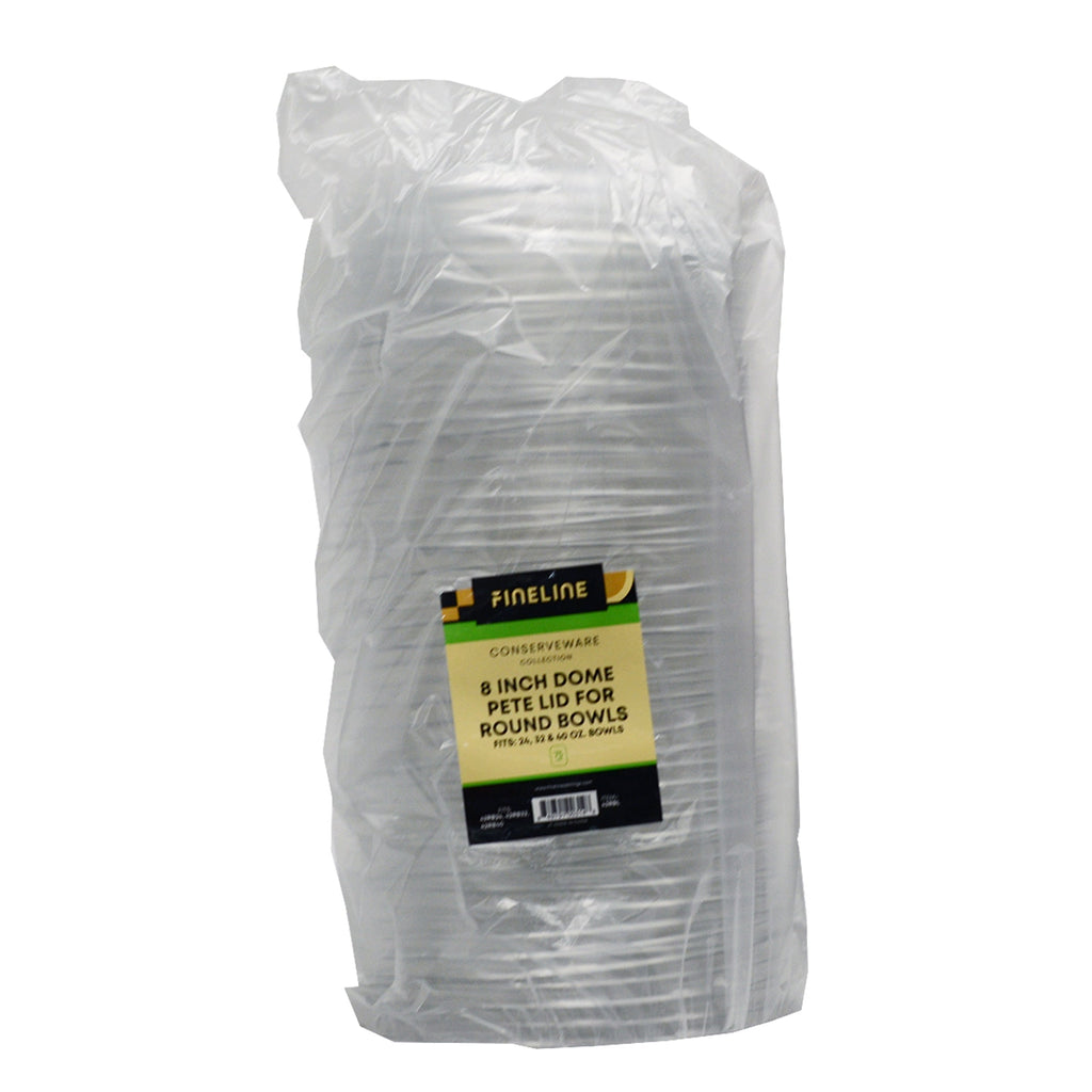 Bag of clear dome plastic lids for compostable bowls with a label on a white background