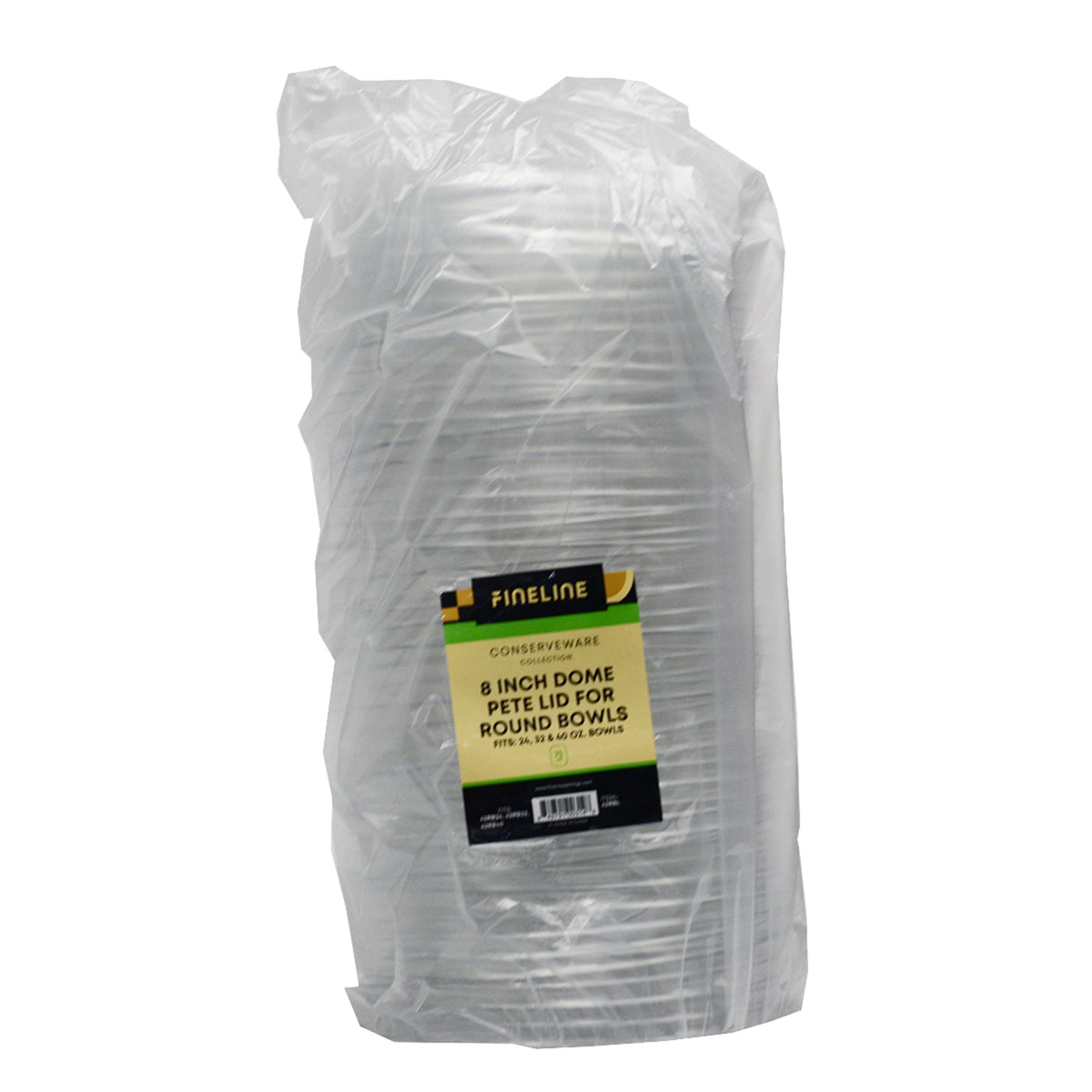 Bag of clear dome plastic lids for compostable bowls with a label on a white background