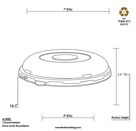 Technical drawing of a dome lid for round bowls with dimensions and recycling symbol.