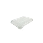 Clear plastic food container lid on a white background