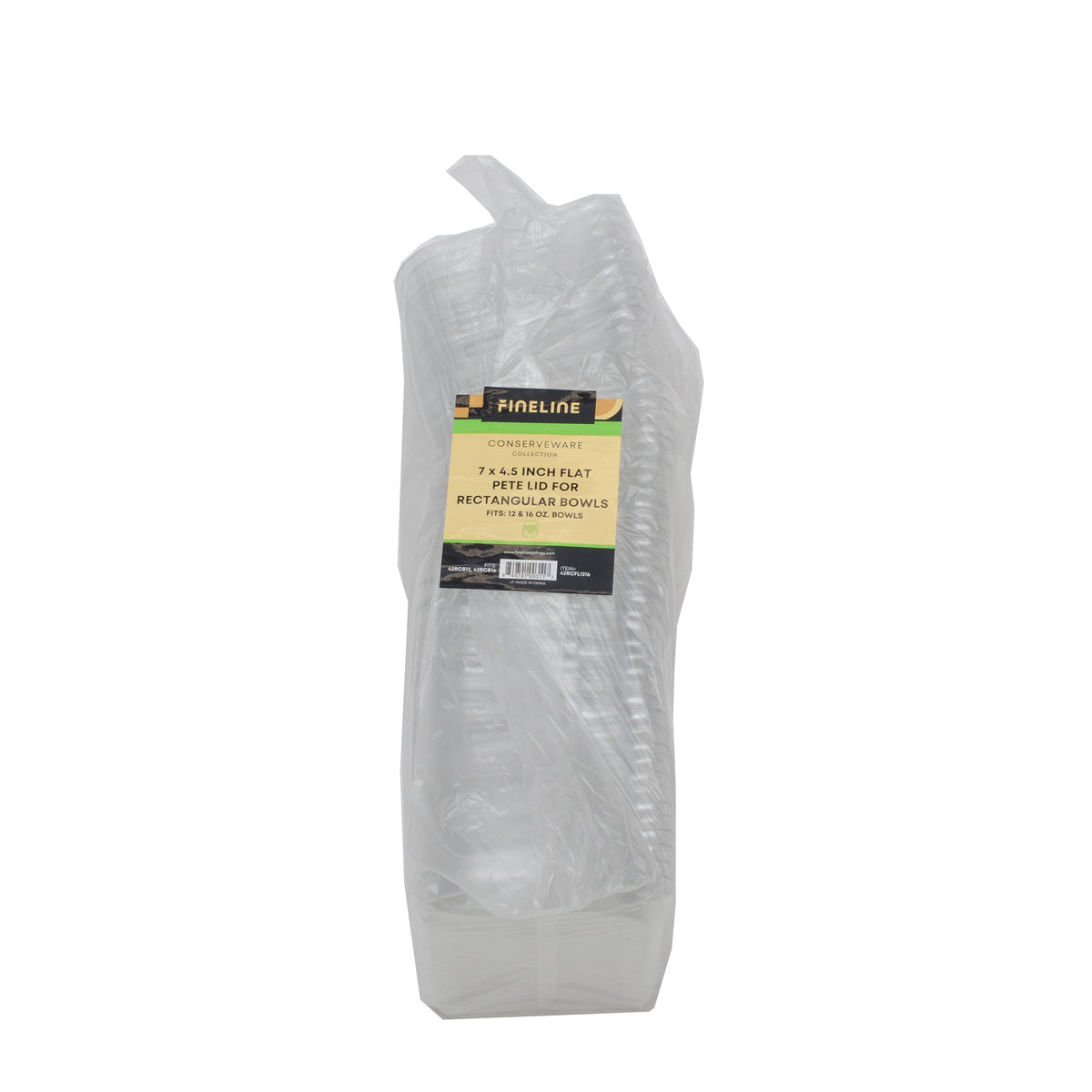 Packaged PETE lids with a label on a white background