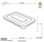 Technical drawing of a rectangular food container lid with dimensions and recycling symbol.