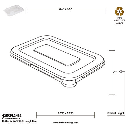 Technical drawing of a rectangular food container lid with dimensions and recycling symbol.