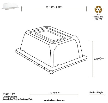 Recyclable Dome Lid for 12" x 7" Rectangular Plate | Clear | Lid Only | Case of 120