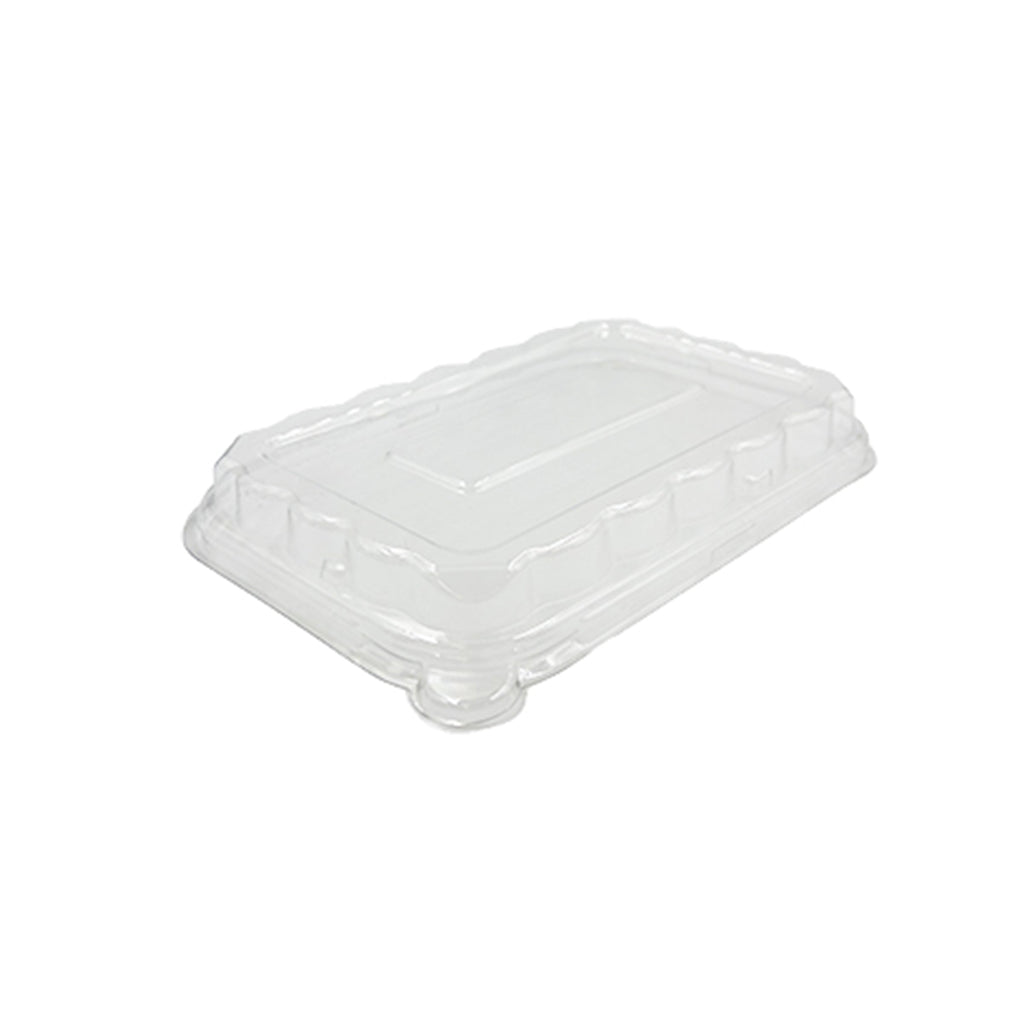 Clear plastic container lid on a white background