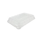 Clear plastic container lid on a white background