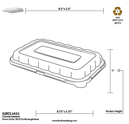 Technical drawing of a dome food container lid with dimensions and recycling symbol.