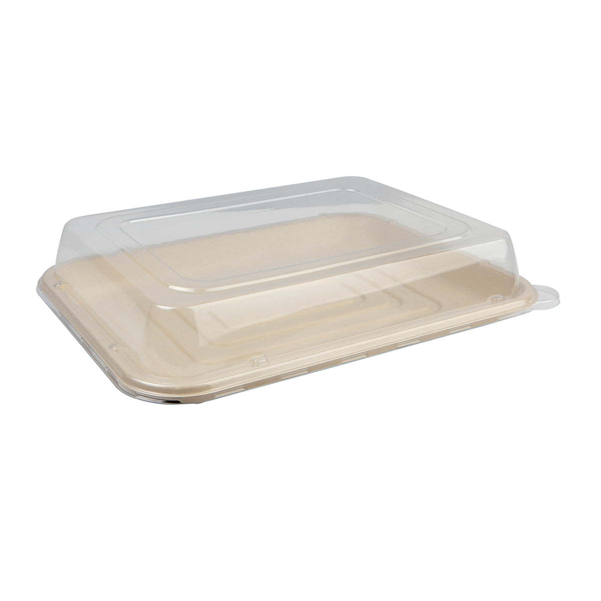 Compostable fiber tray with a clear lid on a white background