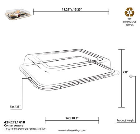 Measurement chart of a pet dome lid for a bagasse tray with dimensions and recycling symbol.
