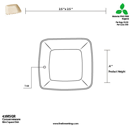 2.5" Mini Square Dish | Natural Sugarcane Fiber | Case of 500
