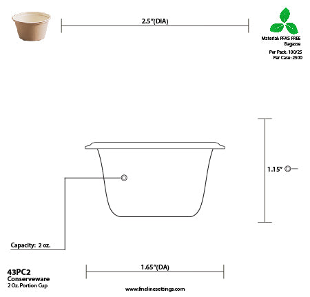 Technical drawing of a 2 oz Portion Cup with dimensions and material information.