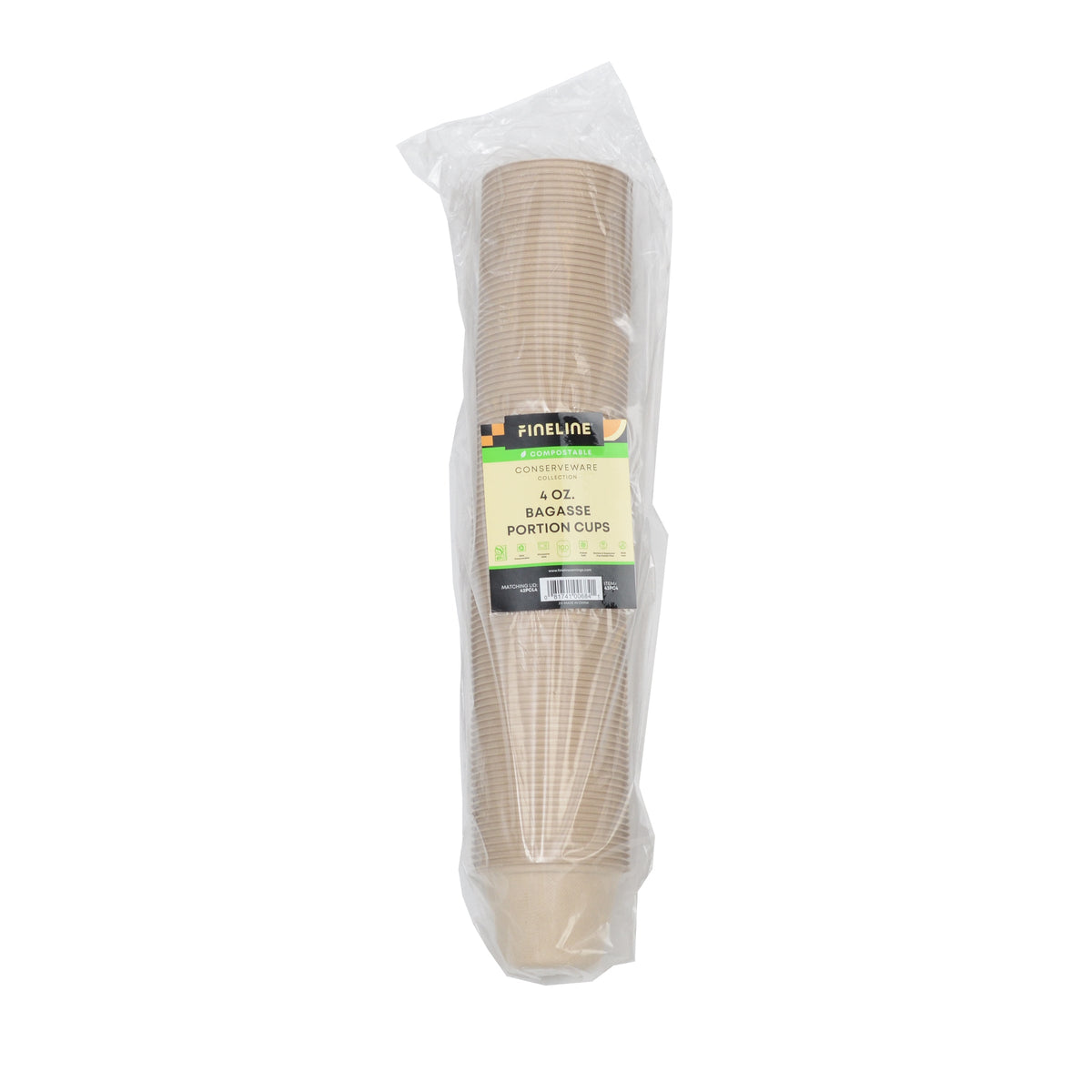 Packaged bagasse portion cups with a visible brand label on a white background