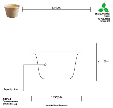 Technical drawing of a 4 oz portion cup with dimensions and material information.