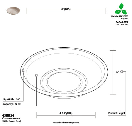 Technical drawing of a 24 oz. round bowl with dimensions and specifications.