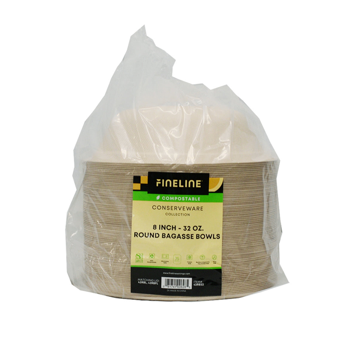 Packaged round bagasse bowls with a Fineline label on a white background