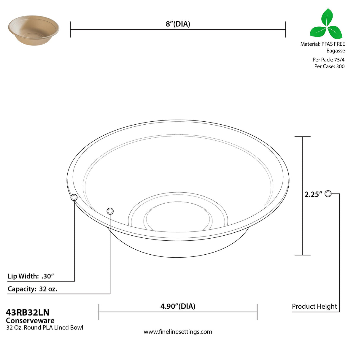 32 oz Compostable Round Bowl | Natural Plant Fiber | PLA-Lined | Brown