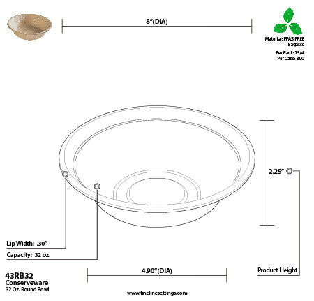 Technical drawing of a 32 oz round bowl with dimensions and material information.