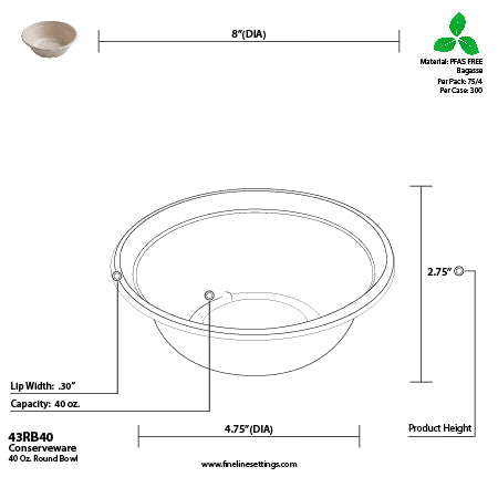 Technical drawing of a 40 oz. round bowl with dimensions and material information.