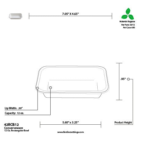 Technical drawing of a 12 oz rectangular bowl with dimensions and specifications.
