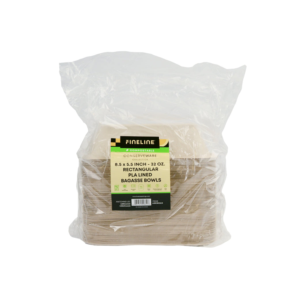Bag of compostable trays with a clear plastic cover on a white background
