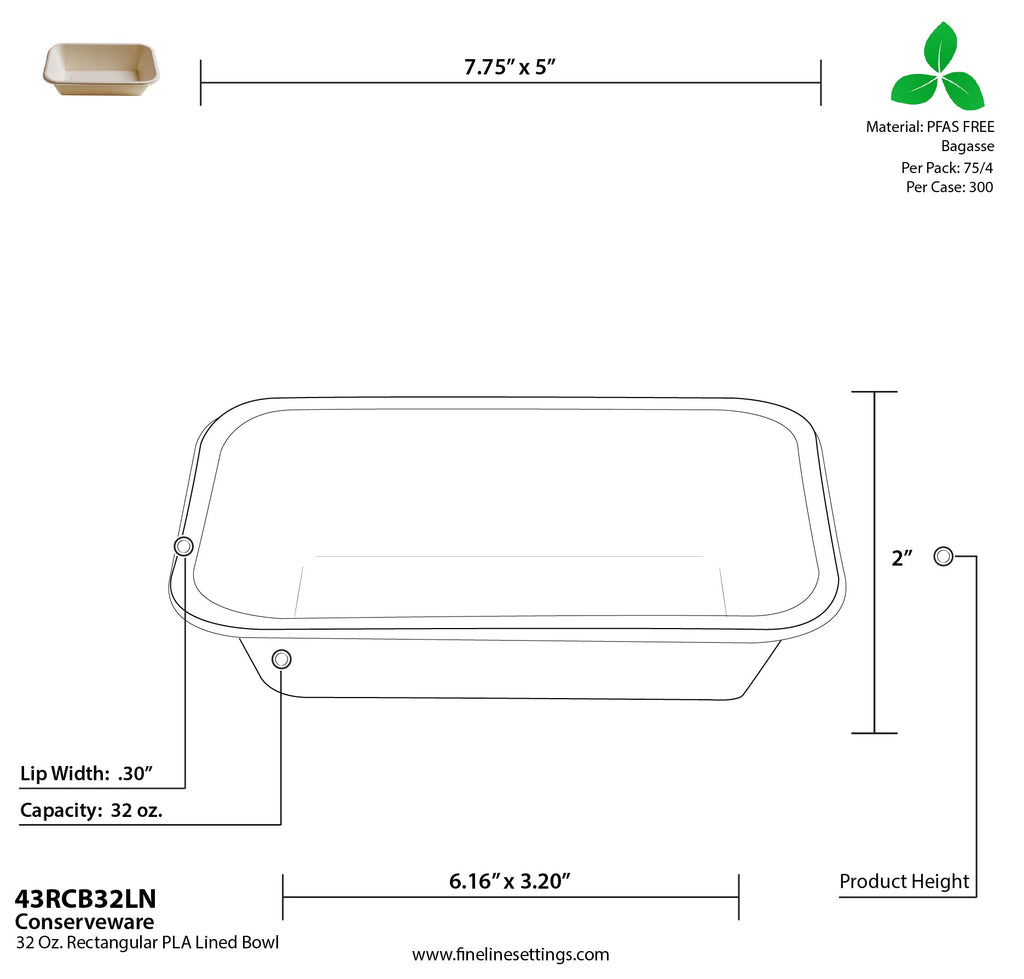 Technical drawing of a rectangular lined tray with dimensions and material information.
