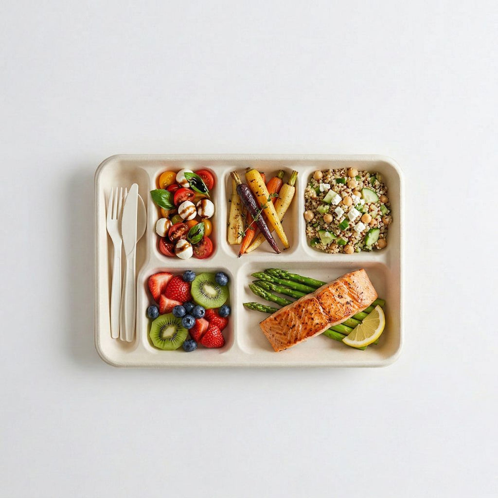 Divided lunch tray with various foods including salad, vegetables, and fish on a white background