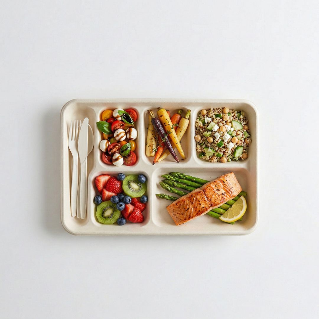 Divided lunch tray with various foods including salad, vegetables, and fish on a white background
