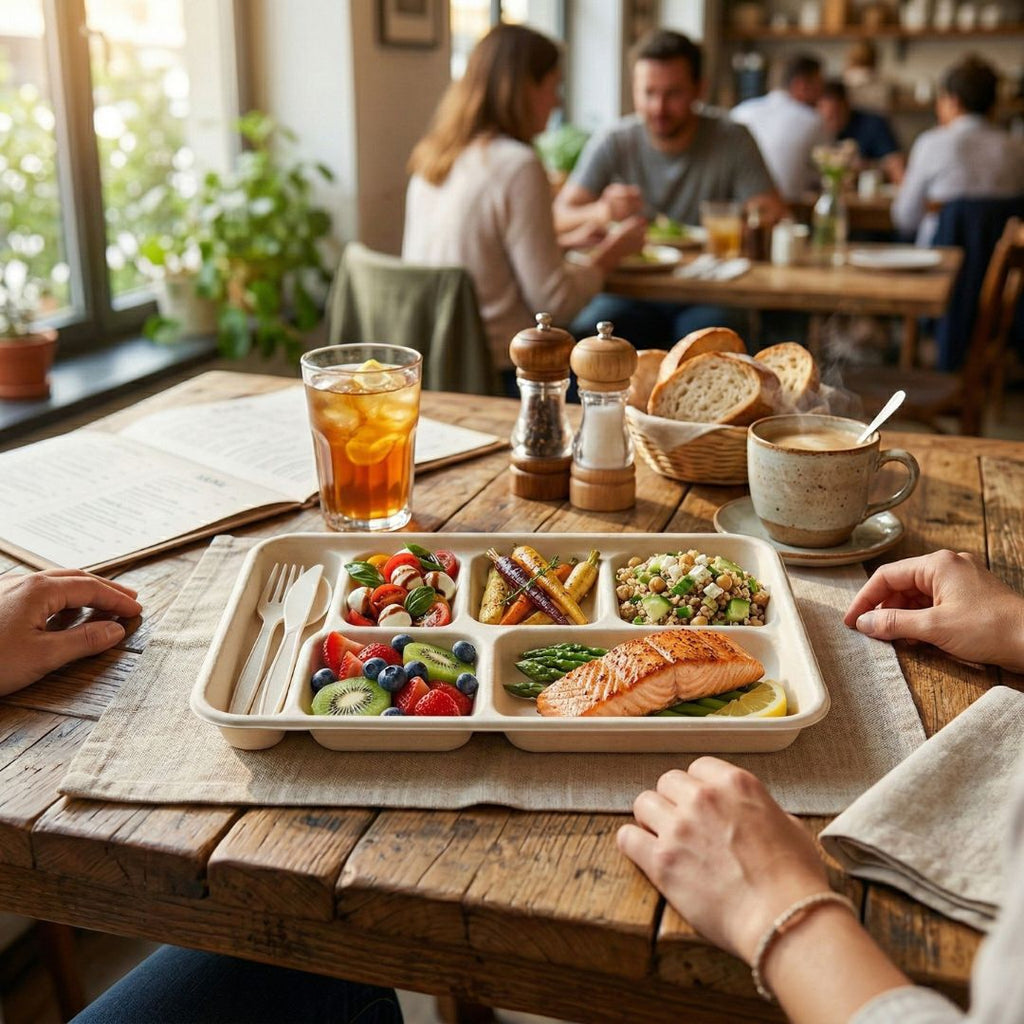 Person enjoying a meal at a restaurant with a tray of food on a wooden table.