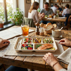 Person enjoying a meal at a restaurant with a tray of food on a wooden table.
