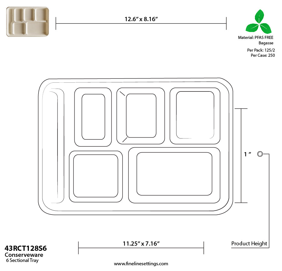 Technical drawing of a 6-sectioned tray with dimensions and material information.