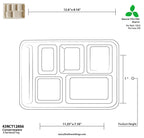 Technical drawing of a 6-sectioned tray with dimensions and material information.