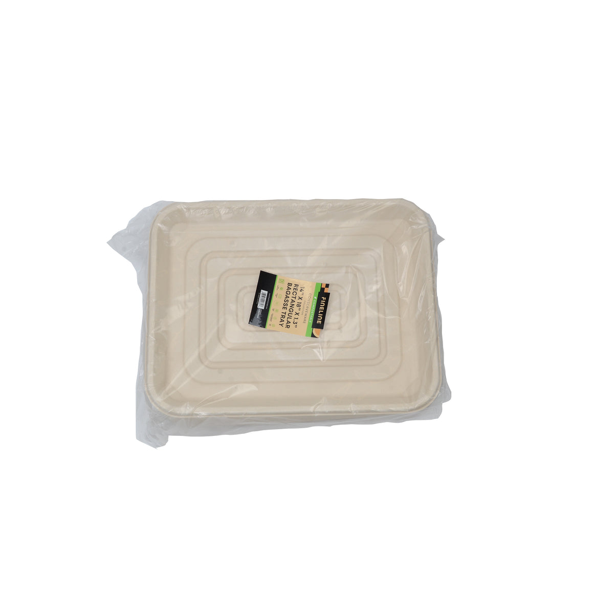 Rectangular tray packaged in plastic with a label on a white background